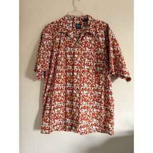 Raw Edge Mens Medium Orange Floral Grid Button Down Shirt Short Sleeve Cotton
